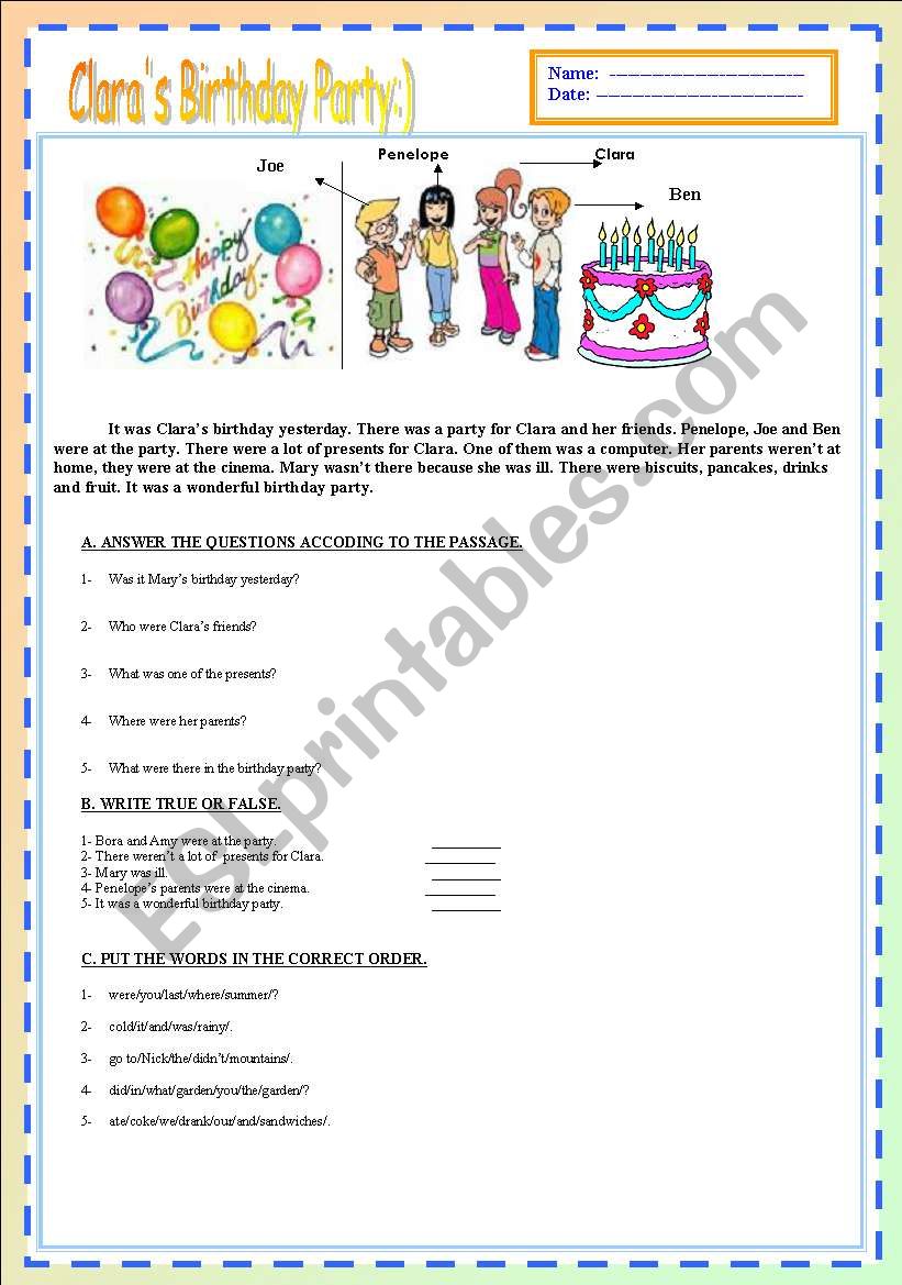 Clara´s Birthday Party :) [Past Tense] 2 pages 7 exercises - ESL ...